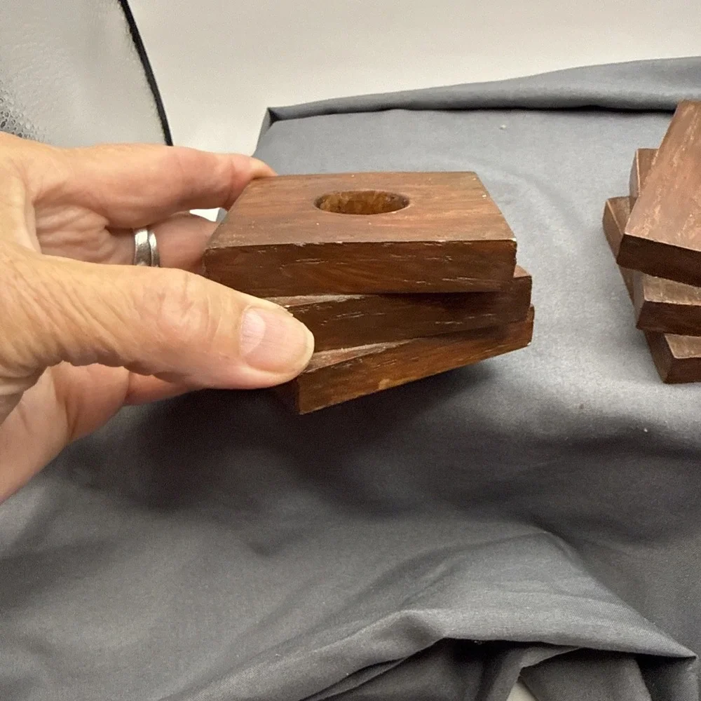 Wood Square Stacked Handmade  Candle Holder Set Of  Two 3.5 X1.5